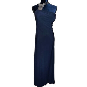 Cachet evening dress one shoulder beaded long size 10 Navy Blue